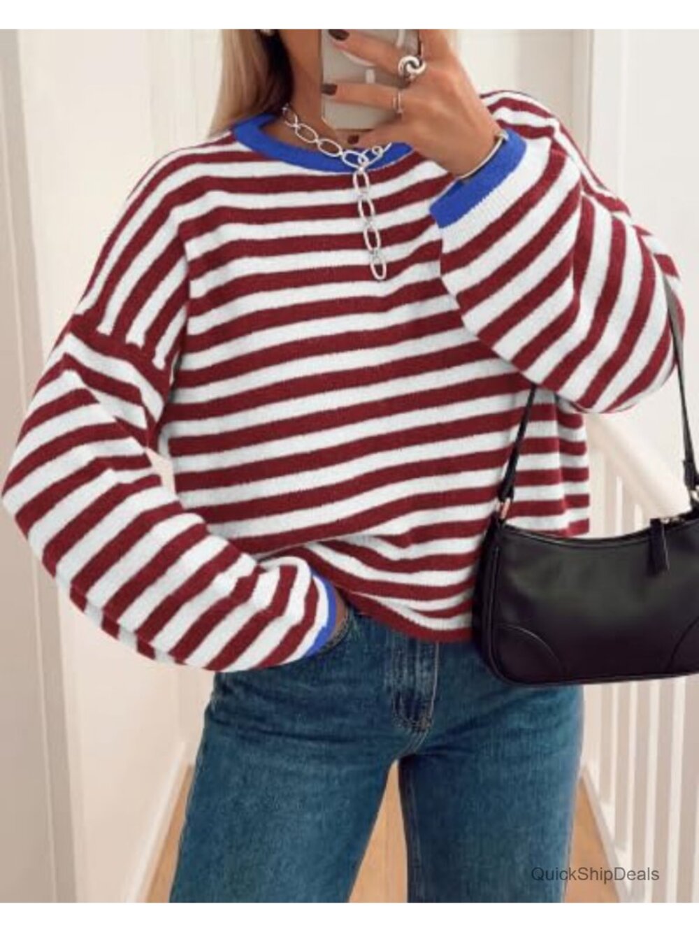 Oversized Striped Crewneck Sweater, Soft Knit, Long Sleeve - Picture 4 of 6